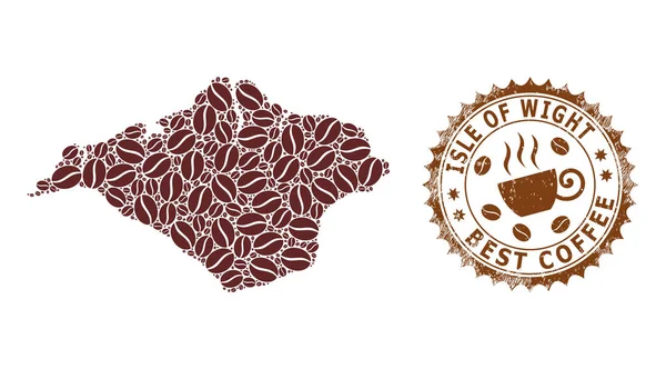Мозаїчна карта острова Уайт кавових зерен і подряпаний знак за кращу каву — стоковий вектор
