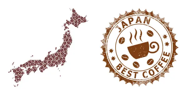 Mapa Mosaico do Japão de Café e Selo Arranhado para Melhor Café — Vetor de Stock