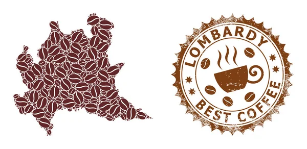 コーヒー豆のロンバルディア州のモザイクマップと最高のコーヒーのためのテクスチャバッジ — ストックベクタ