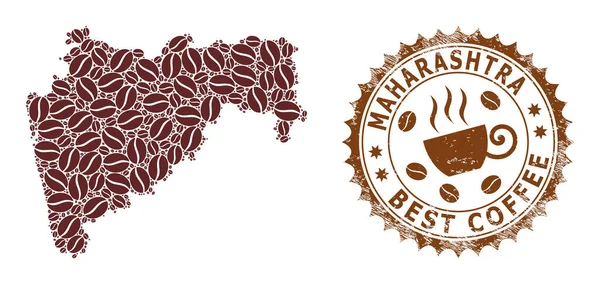Мозаїчна карта штату Махараштра з кавових зерен та значка лиха за найкращу каву — стоковий вектор