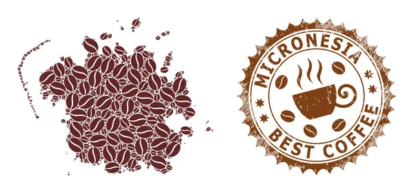 コーヒー豆からミクロネシア連邦島のモザイクマップとベストコーヒーのための遭難シール — ストックベクタ