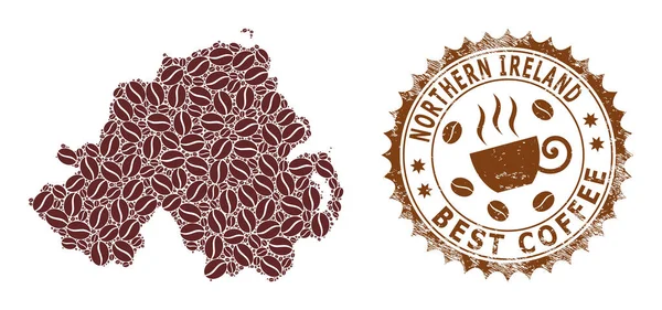 Mosaikkarte von Nordirland mit Kaffee und Texturiertem Preis für den besten Kaffee — Stockvektor