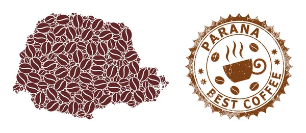 Мозаїчна карта штату Парана кавових зерен і подряпаний штамп для кращої кави — стоковий вектор