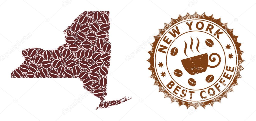 Mosaic Map of New York State with Coffee and Distress Badge for Best Coffee