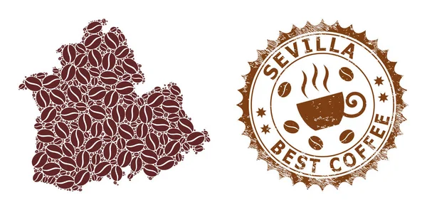 コーヒー豆と最高のコーヒーのための傷マークを持つセビリア県のモザイクマップ — ストックベクタ