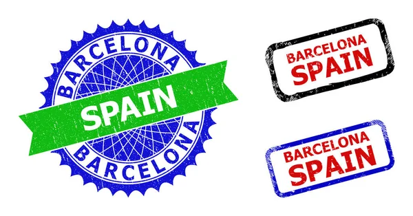 BARCELONA SPAIN Rosette and Rectangle Bicolor Badges with Rubber Styles — Stock Vector