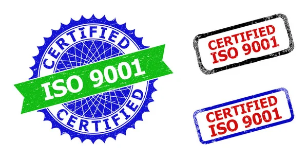 CERTIFICADO ISO 9001 Roseta y rectángulo Bicolor Sellos con estilos sucios — Vector de stock