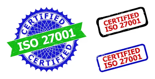 CERTIFIED ISO 27001 Rosette and Rectangle Bicolor Watermarks with Unclean Styles — Stock Vector