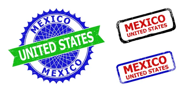 ESTADOS UNIDOS DE MÉXICO Roseta y rectángulo sellos bicolor con texturas corroídas — Vector de stock