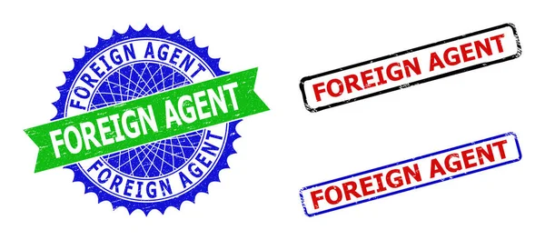 FOREIGN AGENT Rosette and Rectangle Bicolor Badges with Distress Surfaces — стоковий вектор