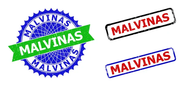 MALVINAS Roseta y rectángulo Insignias bicolor con superficies corroídas — Vector de stock