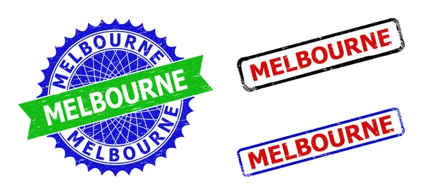 MELBOURNE Roseta e retângulo Selos de selo bicolor com superfícies impuras — Vetor de Stock