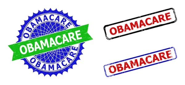 OBAMACARE Roseta y rectángulo Sellos bicolor con texturas corroídas — Archivo Imágenes Vectoriales