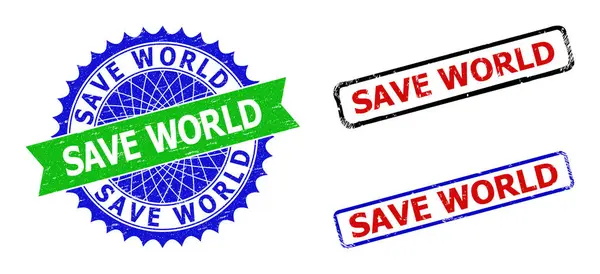 SAVE WORLD Rosette et timbres bicolores rectangulaires avec styles de détresse — Image vectorielle