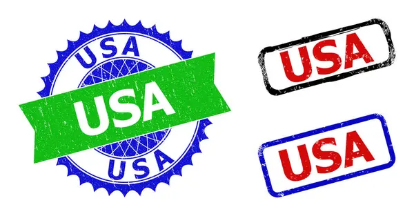 USA Rosette et Rectangle Badges bicolores avec surfaces de détresse — Image vectorielle