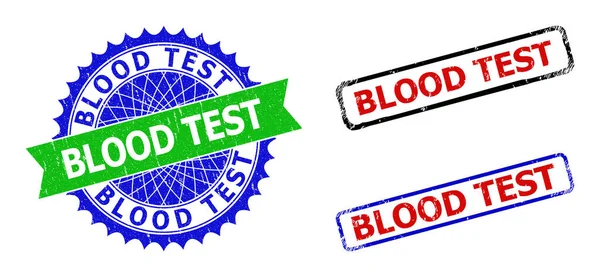 BLOOD TEST Rosette and Rectangle Bicolor Badges with Grunge Textures - Stok Vektor