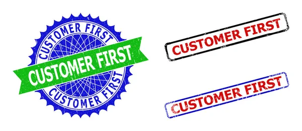 CUSTOMER FIRST Rosette and Rectangle Bicolor Stamp Seals with Scratched Textures — Stock Vector