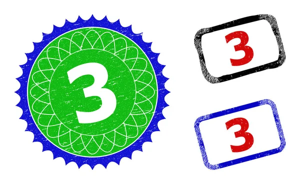 3 Roseta e retângulo bicolor selos com texturas de borracha —  Vetores de Stock