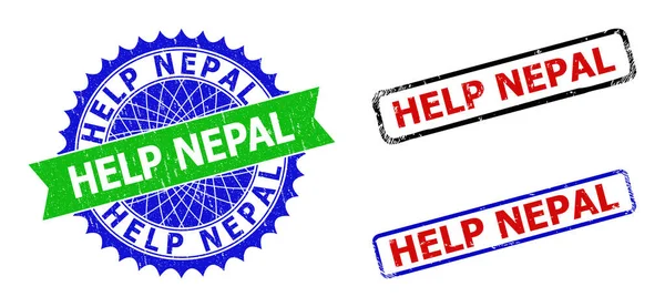 HELP NEPAL Rosette and Rectangle Bicolor Seals with Grunged Textures — стоковий вектор