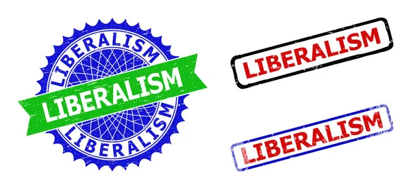LIBERALISM Rosette and Rectangle Bicolor Stamp Seals with Unclean Textures — 图库矢量图片