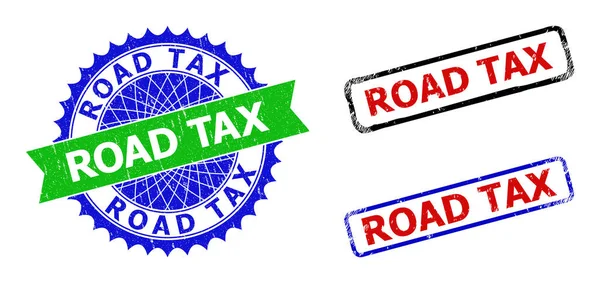 ROAD TAX Rosette e Retângulo Emblemas Bicolor com Estilos Grunged —  Vetores de Stock