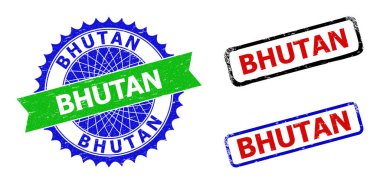 Çizik Dokuları ile BHUTAN Rosette ve Dikdörtgen Çift Renkli Filigranlar