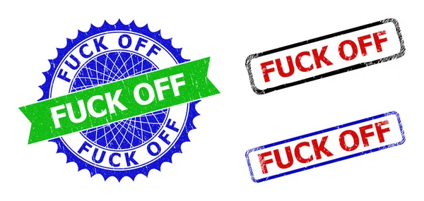 FUCK OFF Rosette and Rectangle Bicolor Stamp Seals with Unclean Textures — Vettoriale Stock