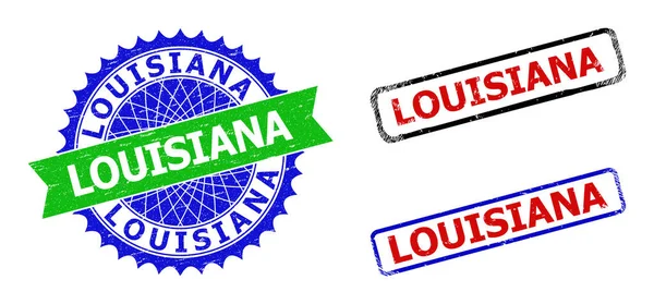 LOUISIANA Rosetten- und Rechteckstempel mit korrodierten Texturen — Stockvektor