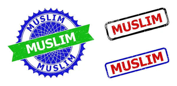 MUSLIM Rosette and Rectangle Bicolor Stamp Seals with Unclean Surfaces — 图库矢量图片