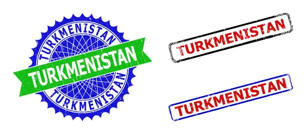 TURKMENISTAN Rosette and Rectangle Bicolor Badges with Grunge Surfaces - Stok Vektor