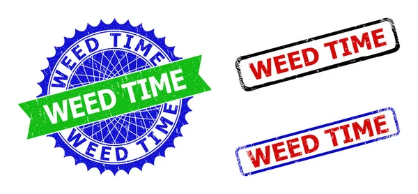 WEED TIME Rosette und Rechteck Bicolor Badges mit zerkratzten Texturen — Stockvektor