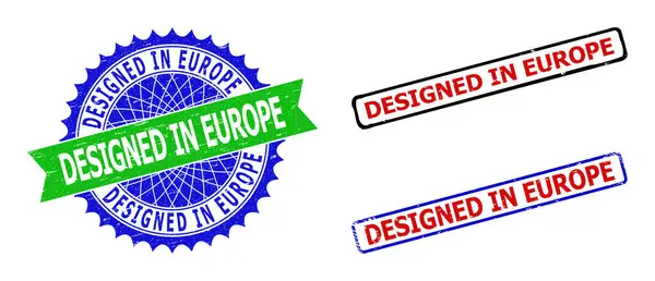 DESIGNÉ EN EUROPE Sceaux bicolores Rosette et Rectangle avec textures rayées — Image vectorielle