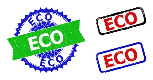 ECO Rozet en rechthoek Bicolor Stempel Seals met Grunged Styles — Stockvector