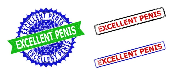 EXCELLENT PENIS Rosette and Rectangle Bicolor Stamp Seals with Grunged Textures — Vetor de Stock