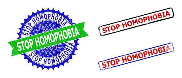 STOP HOMOPHOBIA Rosette and Rectangle Bicolor Watermarks with Unclean Textures — Stock Vector