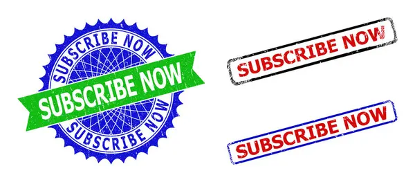 SUBSCRIBE NOW Rozet en rechthoek Tweekleurige stempelzegels met rubberen texturen — Stockvector