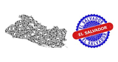 El Salvador Haritası ve İki Renkli Pullu Rozet İçin Melodi Notları Kolajı