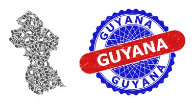 Guyana Haritası ve Çift Renkli Grunge Damga Rozeti Müzikal Mozaiği