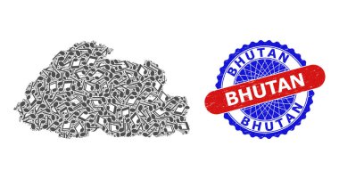 Bhutan Haritası ve İki Renkli Damga Rozeti için Müzik Gösterimi Deseni
