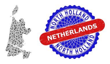 Kuzey Hollanda Haritası ve İki Renkli Damgalı Rozet İçin Müzik Notaları Deseni