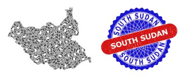 Güney Sudan Haritası Müzikal Kolajı ve Çift Renkli Mühür Çizili Mühür