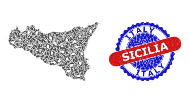Sicilya Haritası ve Bicolor Tehlike Mührü İçin Müzik Notaları Mozaiği