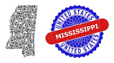 Mississippi Eyalet Haritası ve Çift Renkli Grunge Mühür Mührü için Melodi Notları Deseni