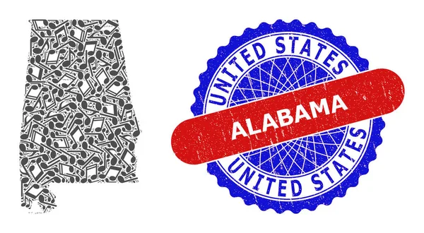 Alabama Eyaleti Haritası ve İki Renkli Tehlike Mührü için Müzik Notaları Deseni