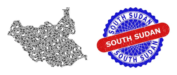 Güney Sudan Haritası Müzikal Kolajı ve Çift Renkli Mühür Çizili Mühür
