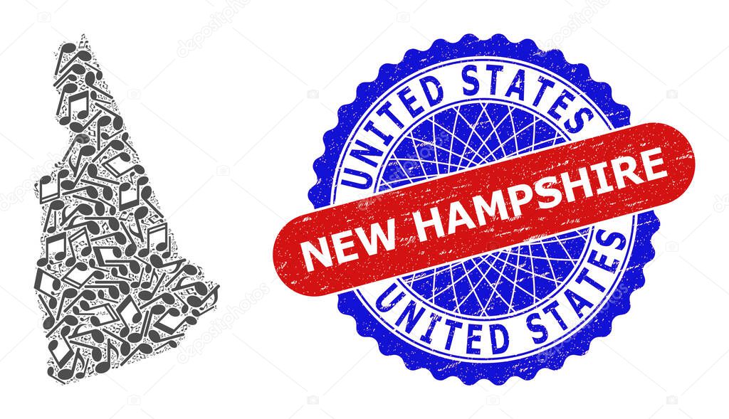 Melody Notes Collage for New Hampshire State Map and Bicolor Grunge Stamp