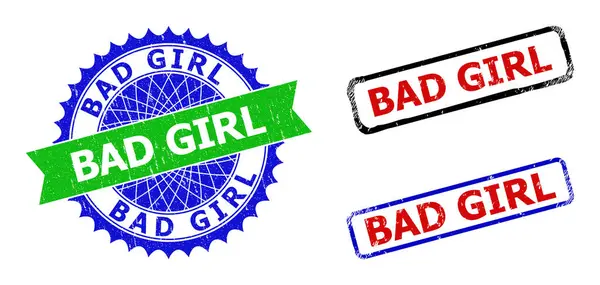 BAD GIRL Rosette and Rectangle Bicolor Stamp Seals with Distress Surfaces — 图库矢量图片