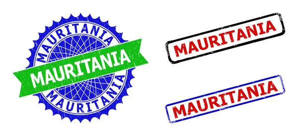 MAURITANIA Roseta e Retângulo Emblemas Bicolor com Texturas Impuras — Vetor de Stock