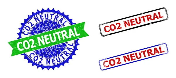 CO2 NEUTRAL Roseta y rectángulo Insignias bicolor con estilos gruñidos — Archivo Imágenes Vectoriales