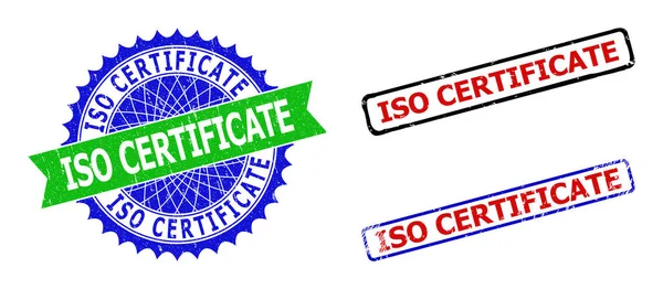 ISO CERTIFICAAT Rozet en rechthoek Tweekleurige watermerken met onzuivere stijlen — Stockvector